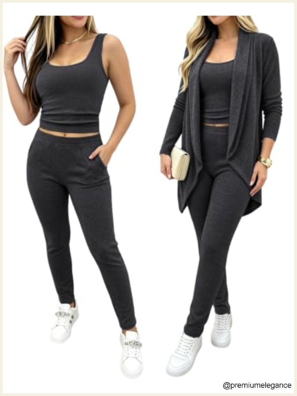 3 Piece Lounge Set Knit Cardigan High Waist Pants